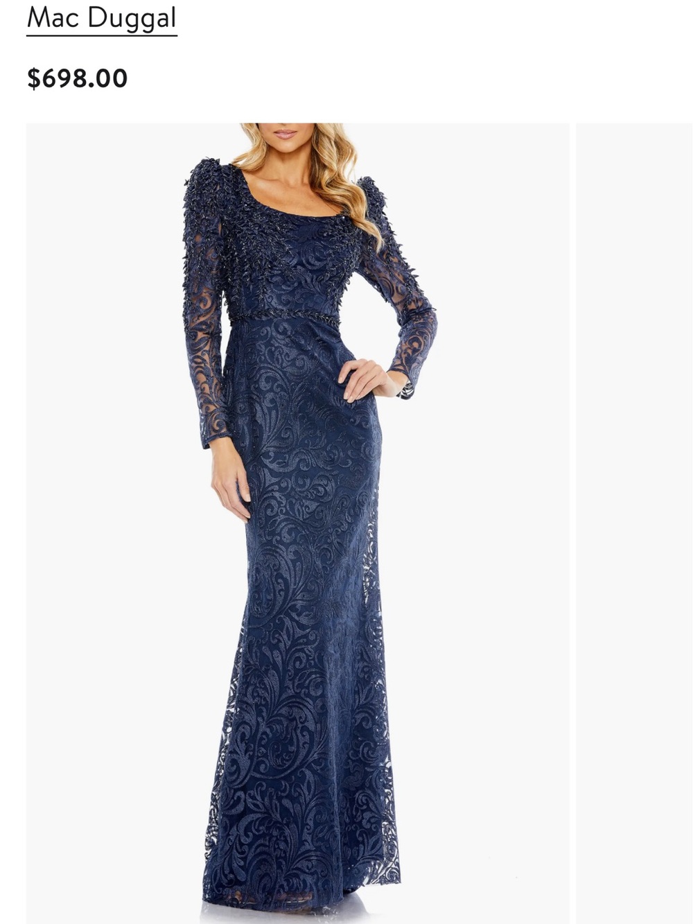 Mac Duggal Navy Long-Sleeve Embroidered Trumpet Gown